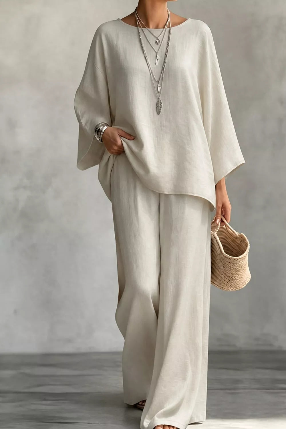 Linen Boat Neck Top and Wide-Leg Pants Set