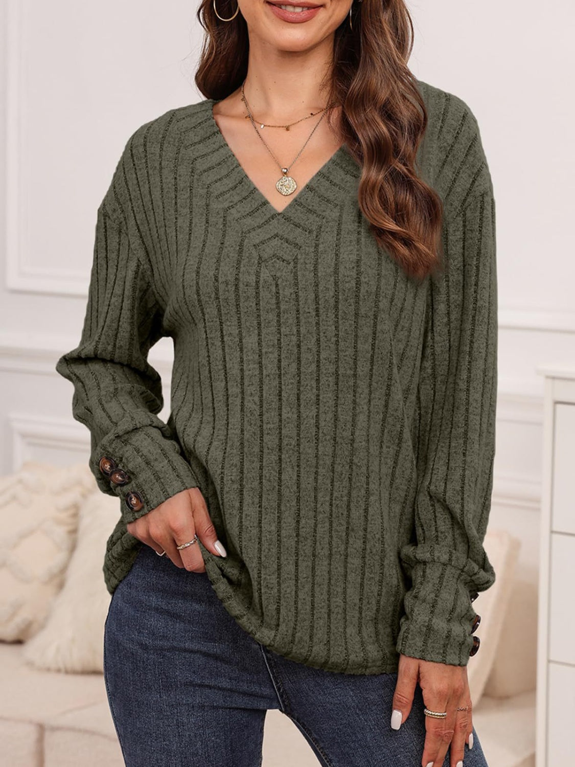 Ribbed V-Neck Long Sleeve Top