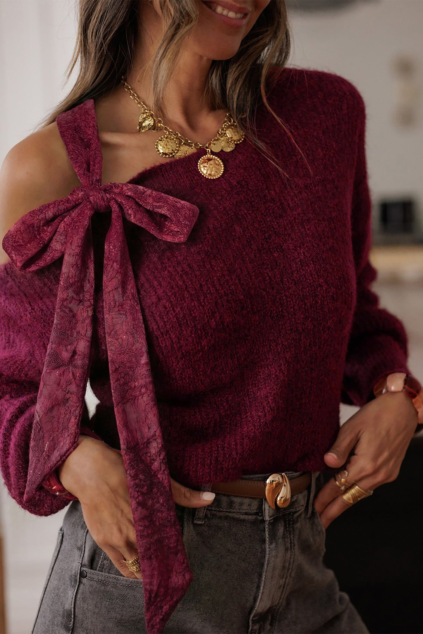 Lace Bowknot Asymmetric Neck Sweater