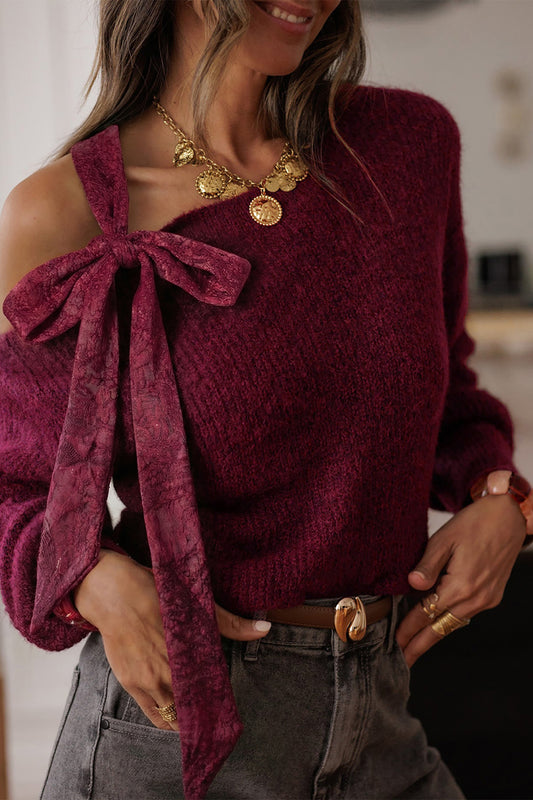 Lace Bowknot Asymmetric Neck Sweater