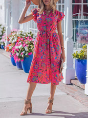 Belted Flutter Sleeve Floral Dress