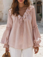 Ruffled Tie Front Flounce Sleeve Blouse