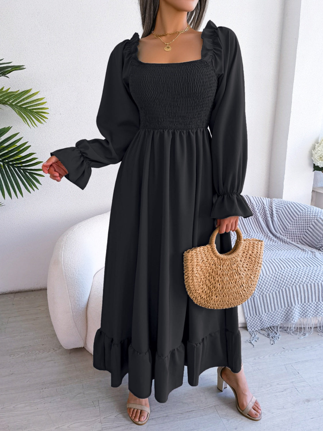 Smocked Square Neck Flounce Sleeve Dress