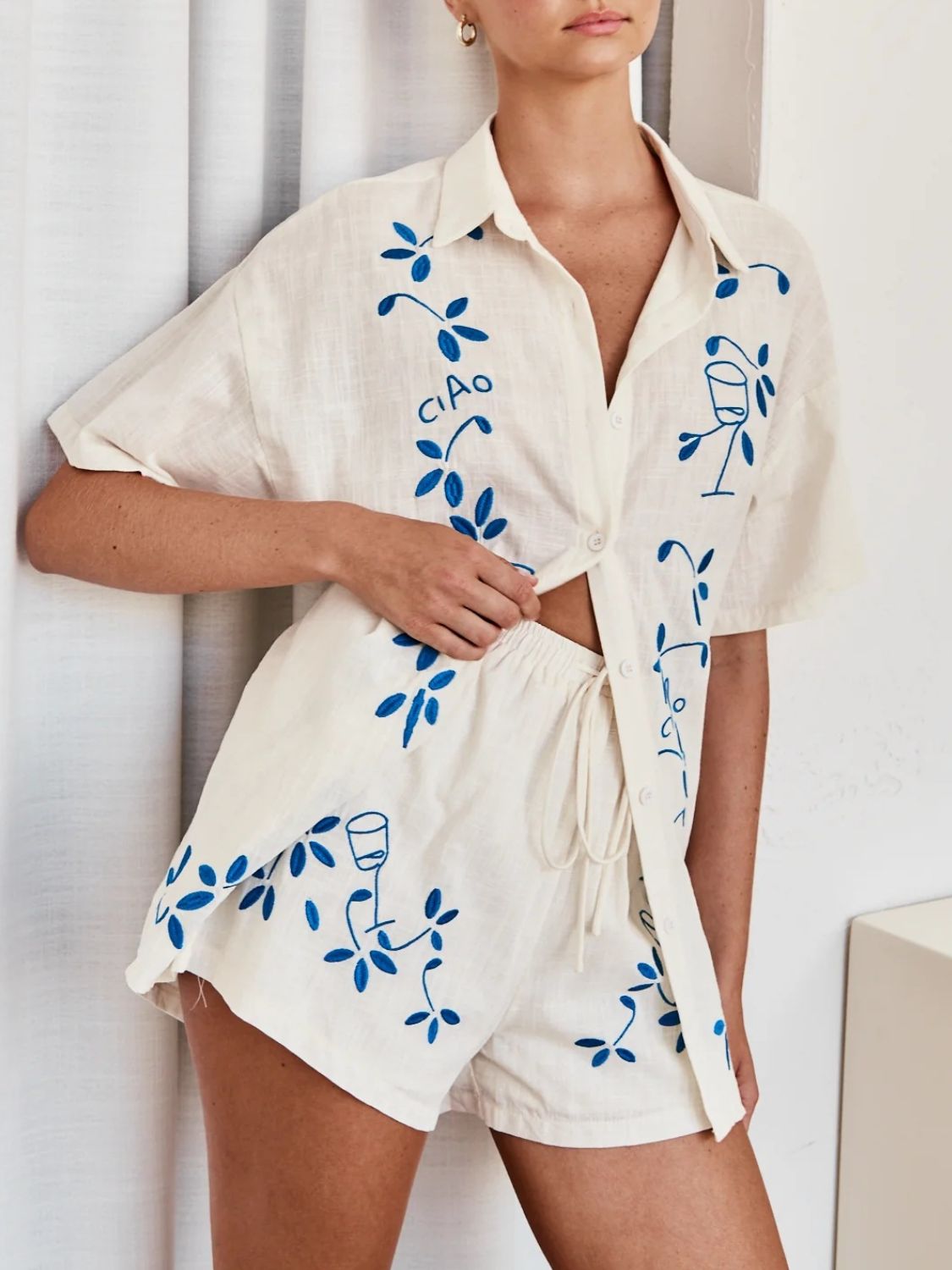 Embroidered Button Up Half Sleeve Top and Shorts Set