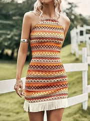 Fringe Grecian Neck Mini Dress