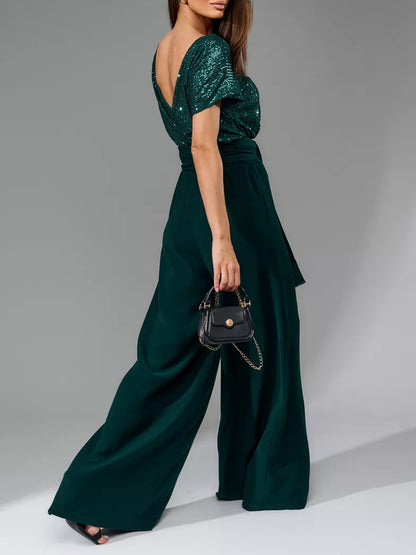 Sequin Round Neck Short Sleeve Wide Leg Jumpsuit