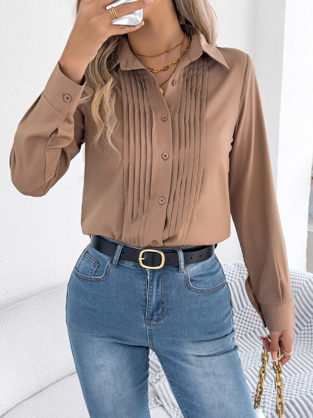 Pleated Front Long Sleeve Shirt