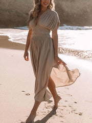 Slit V-Neck Smocked Waist Maxi Dress