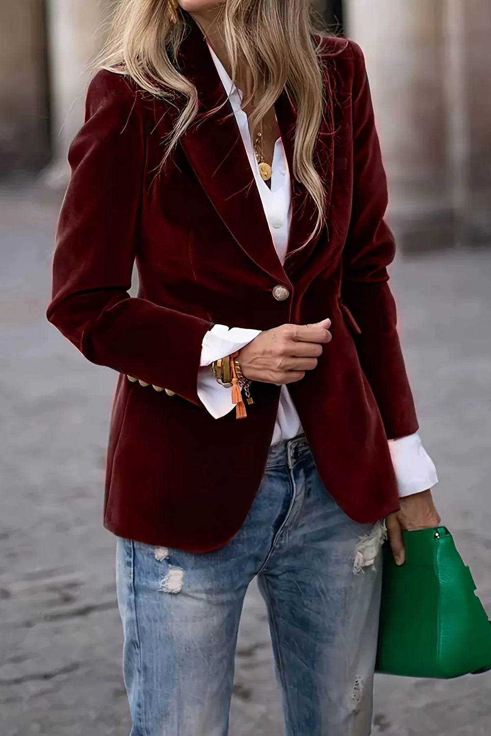 Burgundy Lapel Collar One Button Blazer