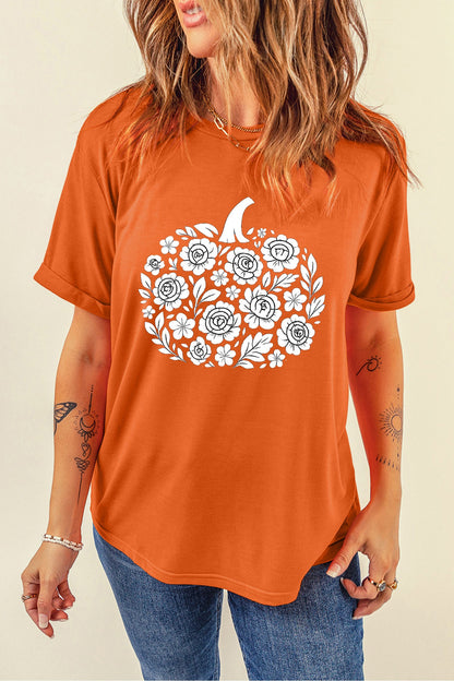 Pumpkin Graphic Cuffed Sleeve Casual T Shirt