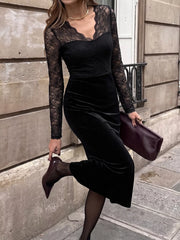 Elegant Lace and Velvet Midi Dress