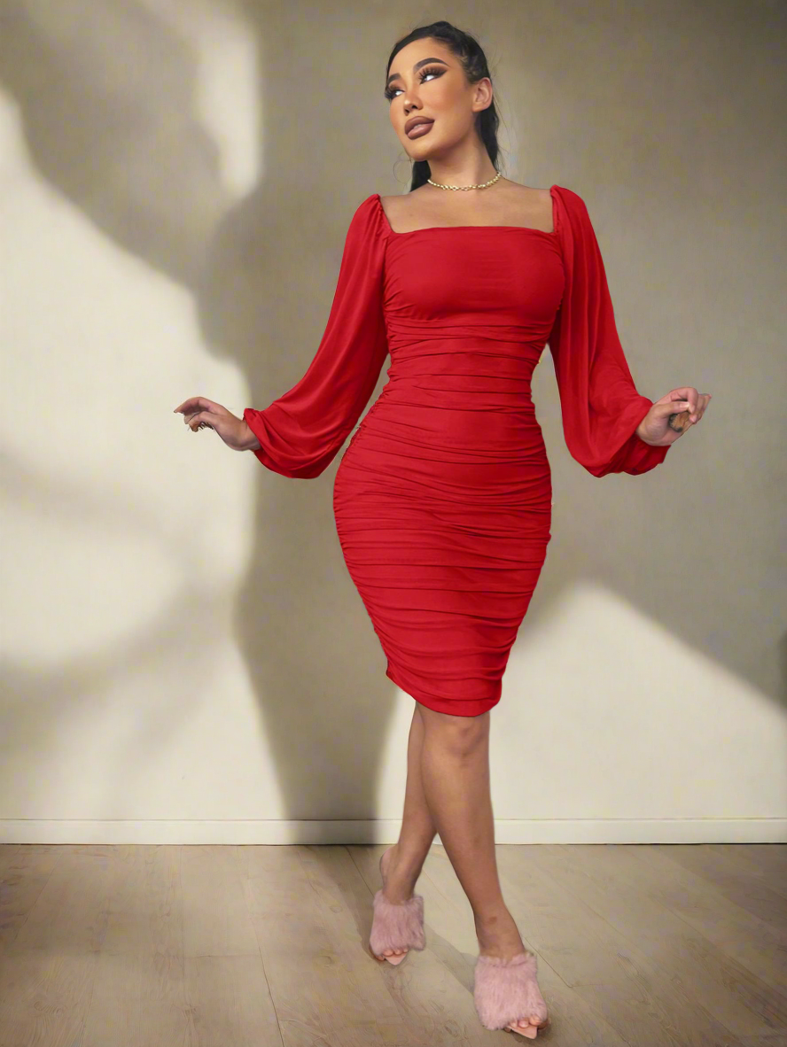 Zip-Back Ruched Bodycon Dress