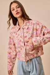 SO ME Floral Print Cotton Twill Button Down Barn Jacket