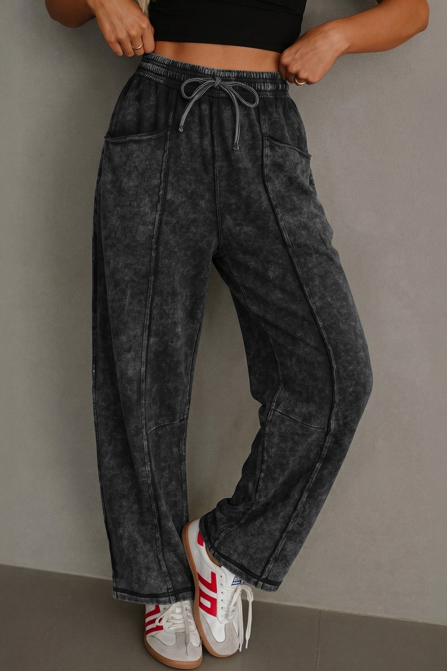 Mineral Wash Raw Seam Drawstring Barrel Pants