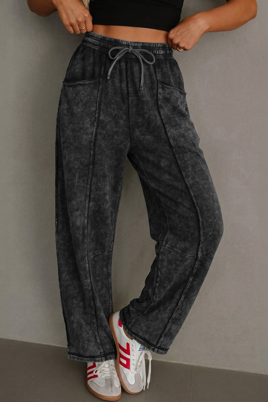 Mineral Wash Raw Seam Drawstring Barrel Pants