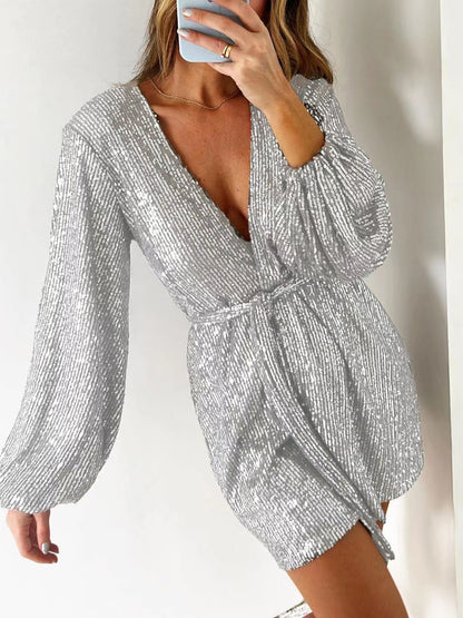 Sequin Surplice Tie Waist Long Sleeve Romper