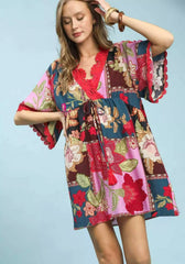 Umgee Abstract Print V-Neck Mini Dress
