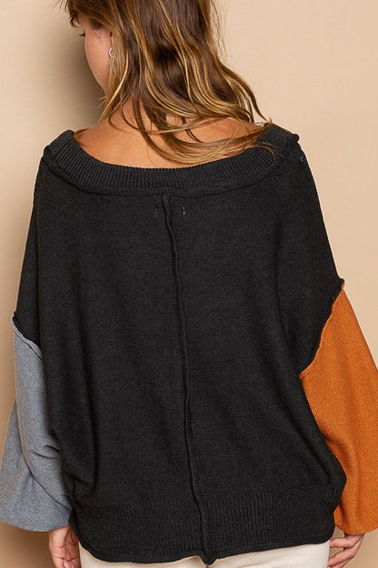 Exposed Seam Color Block V Neck Sweater