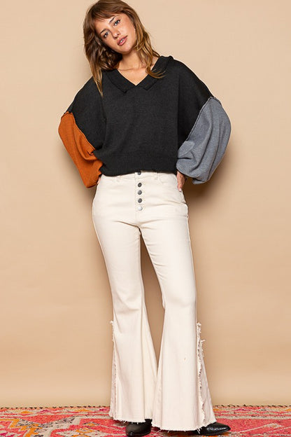 Exposed Seam Color Block V Neck Sweater