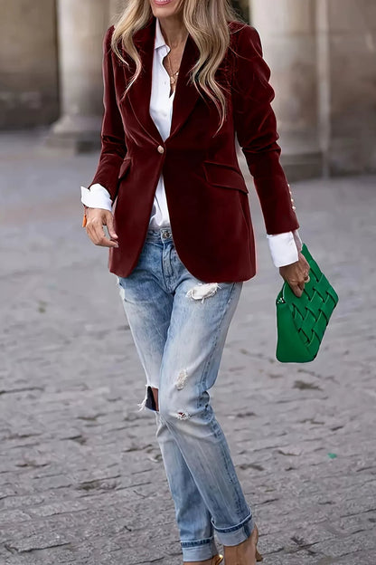 Burgundy Lapel Collar One Button Blazer