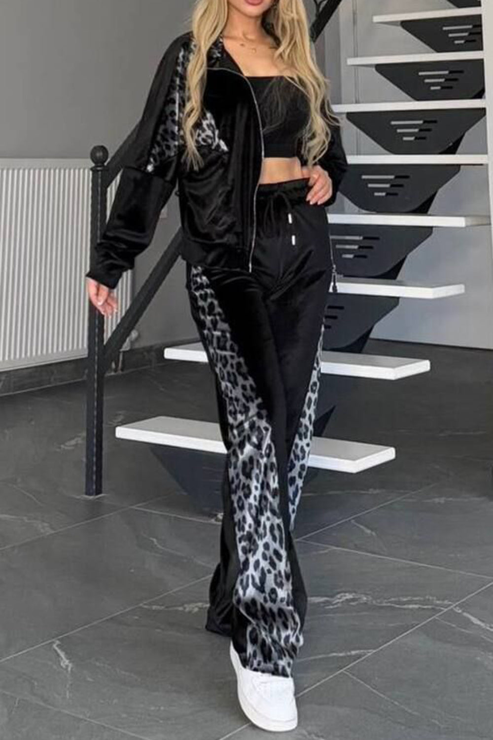 Collared Neck Leopard Zip Up Top and Pants Set