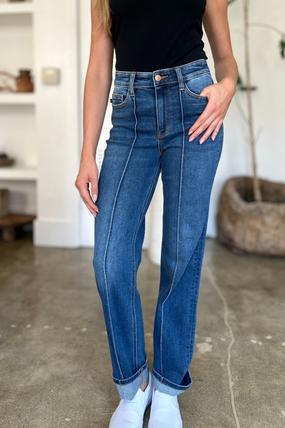 High Waist Front Seam Detail Straight Jeans