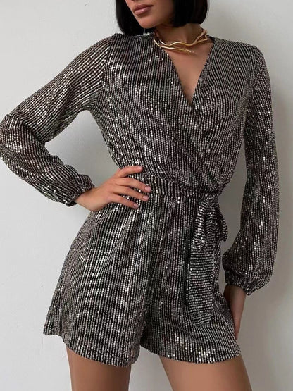 Sequin Surplice Tie Waist Long Sleeve Romper