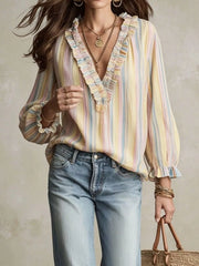 Striped V-Neck Long Sleeve Blouse