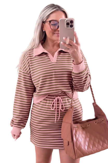 Drawstring Waist Long Sleeve Top Mini Skort Set