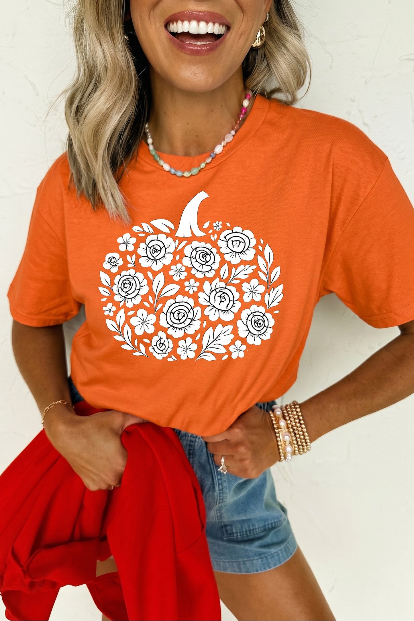Pumpkin Graphic Cuffed Sleeve Casual T Shirt