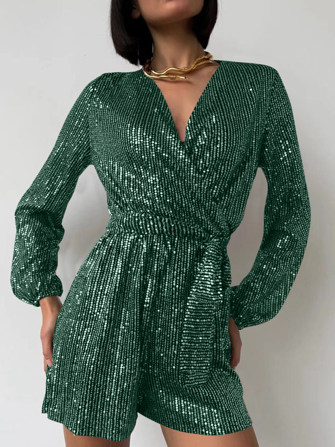 Sequin Surplice Tie Waist Long Sleeve Romper