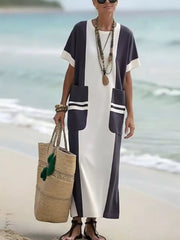 Color Block Short Sleeve Dress with Pockets