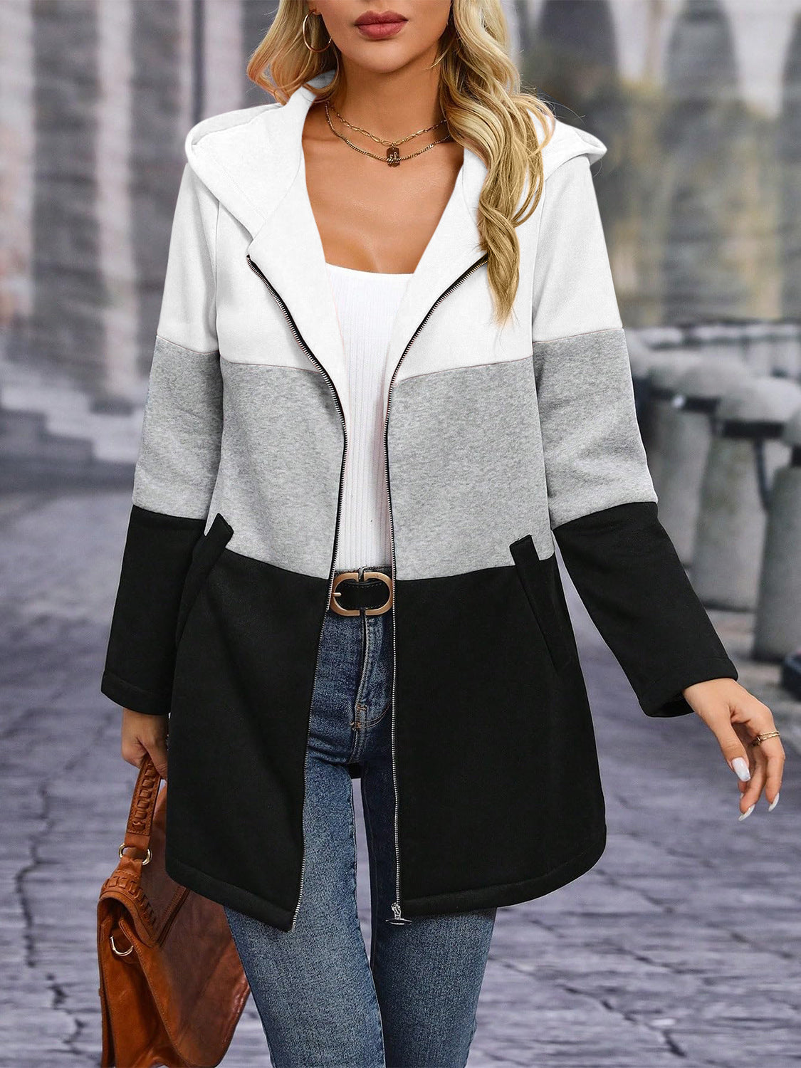 Women's Color Block Zip Up Long Sleeve Hooded Outerwear