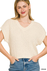 Zenana Textured Knit V-Neck Cropped Sweater