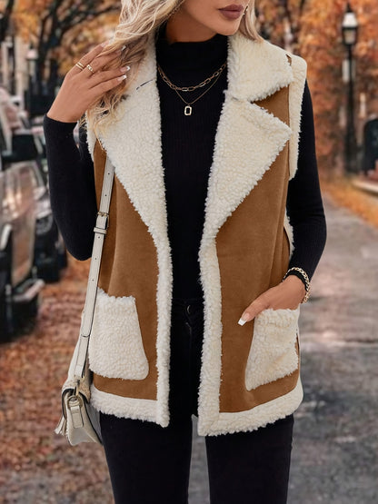 Contrast Open Front Sherpa Vest Coat