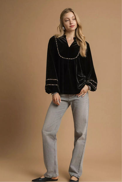 Velvet Contrast Trim Blouse