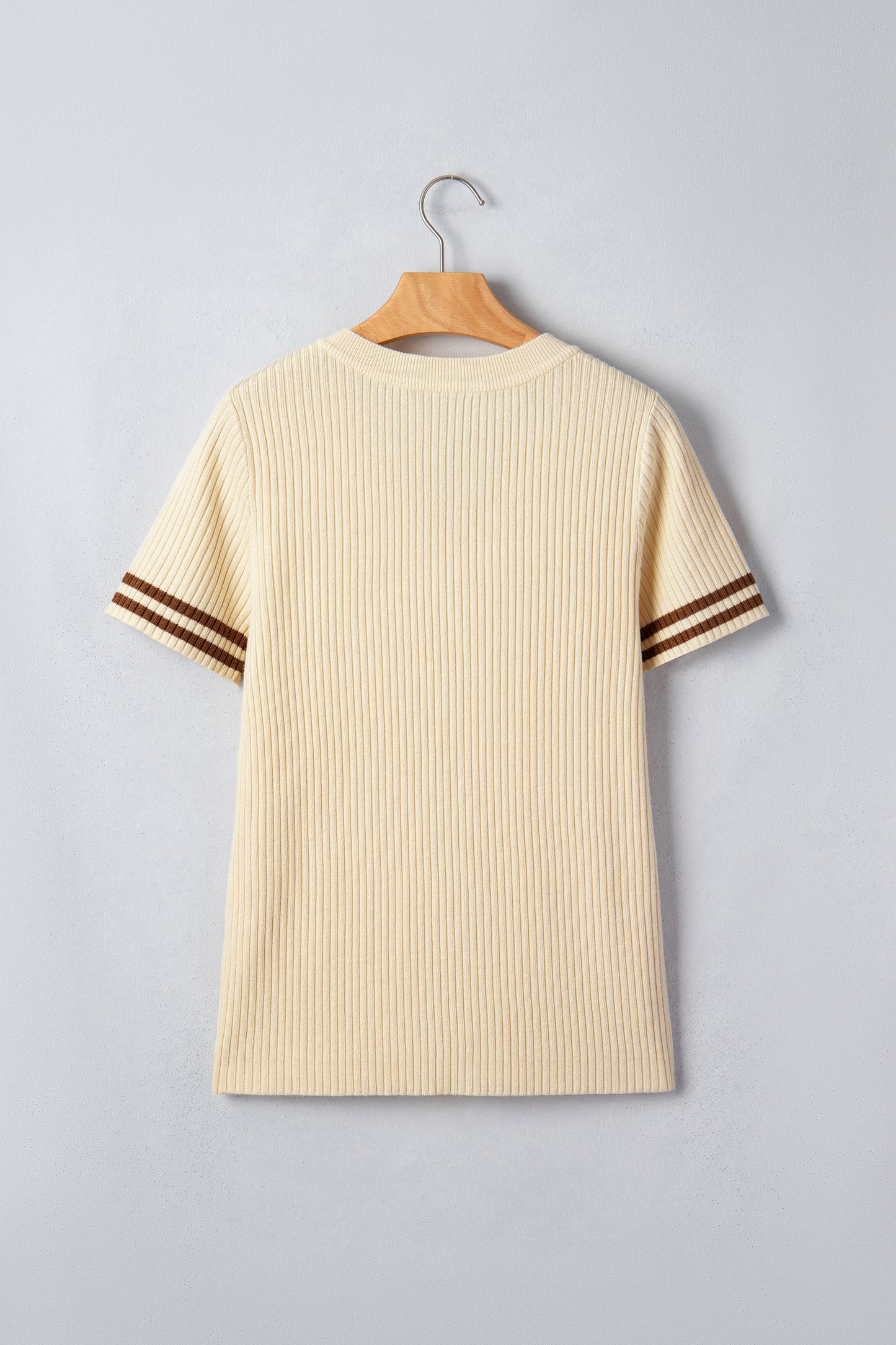 Ribbed Knit Striped Trim Short Sleeve Sweater