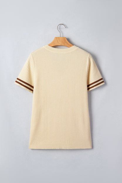 Ribbed Knit Striped Trim Short Sleeve Sweater