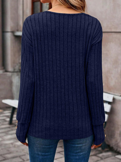 Ribbed V-Neck Long Sleeve Top