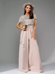 Sequin Short Sleeve Wide Leg Jumpsuit
