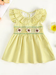 Children's Gingham Ruffle Dress with Floral Appliques
