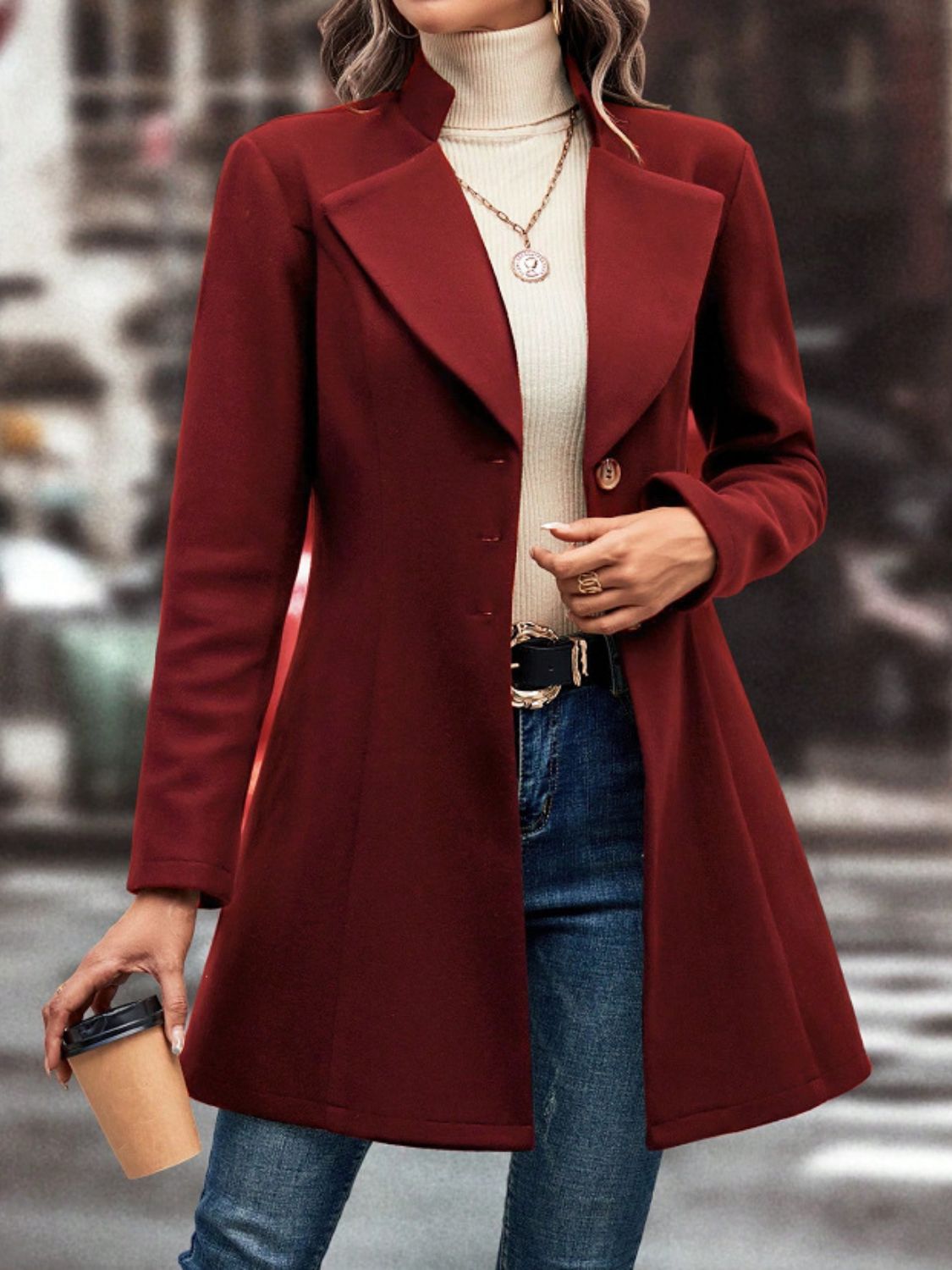 Women's Collared Neck Button Up Long Sleeve Coat