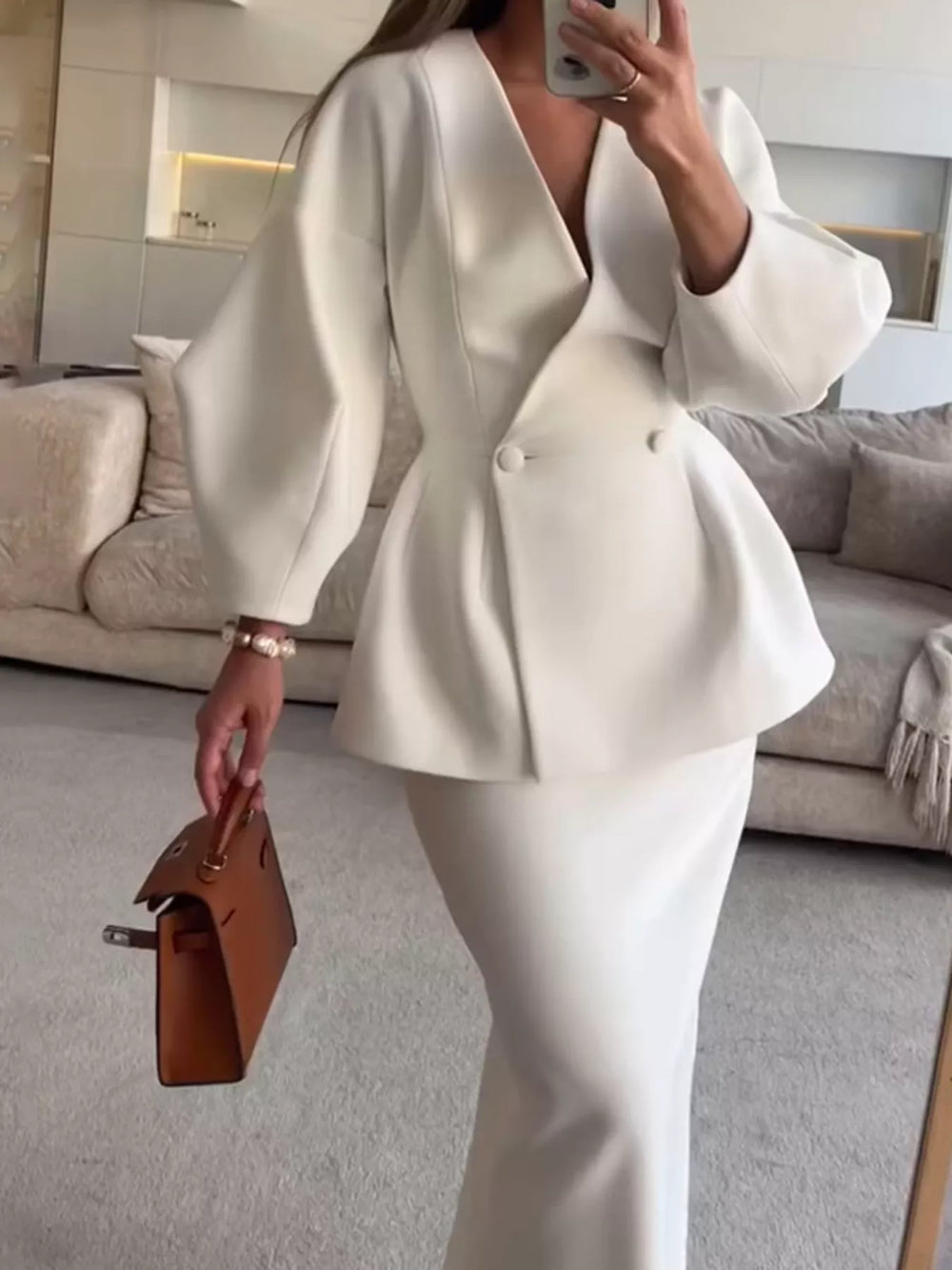 Double-Breasted Peplum Blazer and Skirt Set