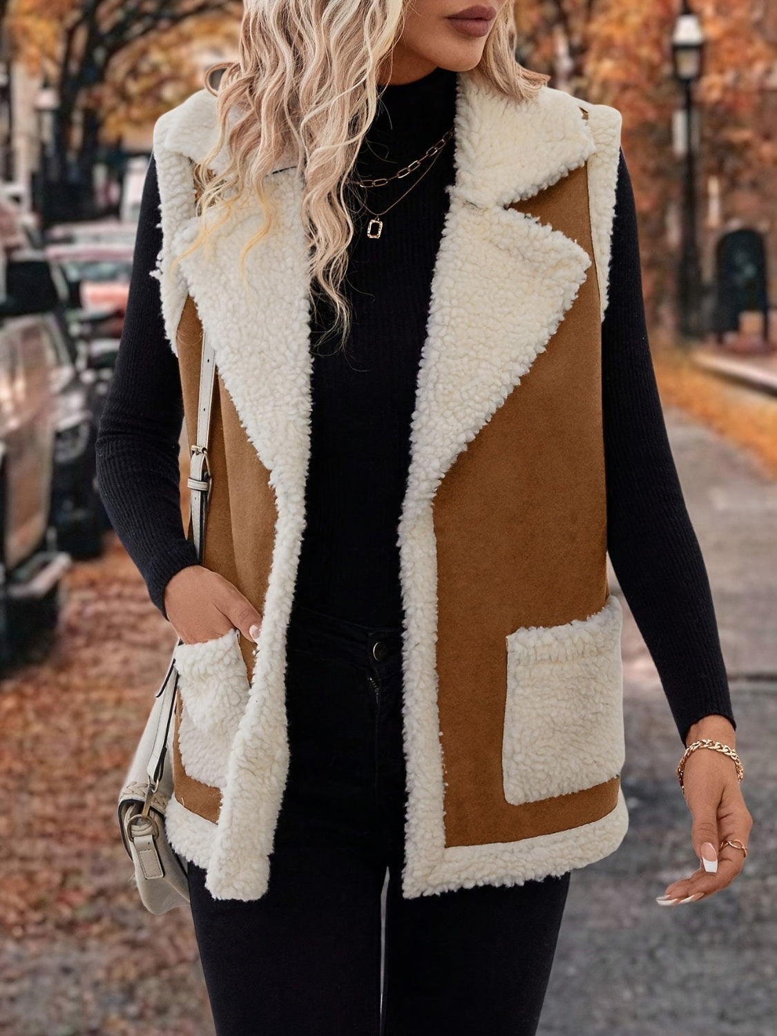 Contrast Open Front Sherpa Vest Coat