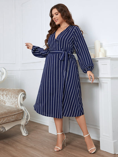 Honey Melo Apparel Plus Size Striped Surplice Neck Long Sleeve Dress