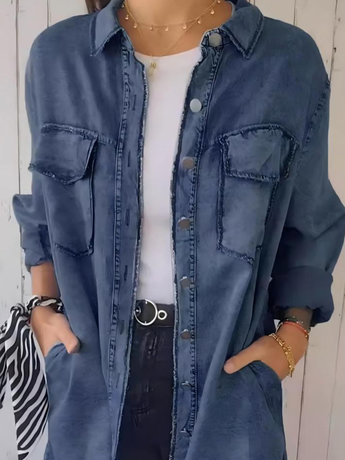 Full Size Raw Hem Button Up Long Sleeve Denim Top