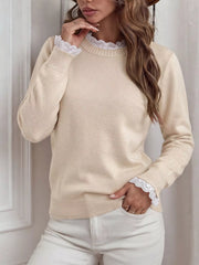 Elegant Lace Trim Round Neck Sweater