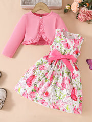Children's Butterfly Print Dress with Cardigan