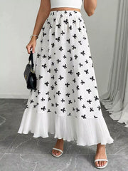 Bow Print Ruffle Hem Flowy Maxi Skirt