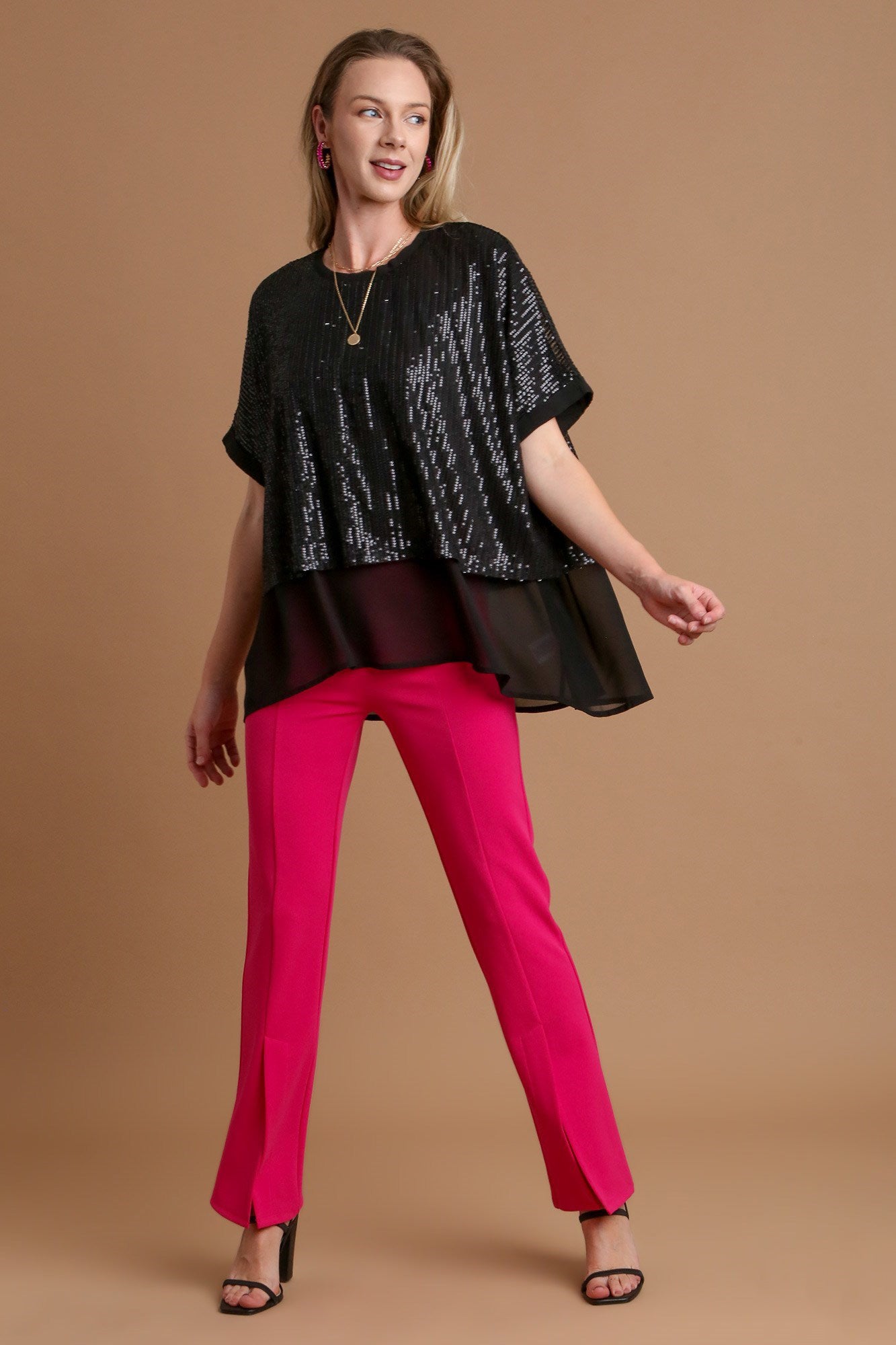 Umgee Sequin Half Sleeve Layered Blouse